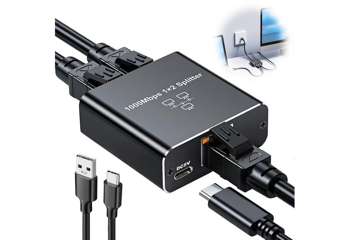 Luckice Ethernet-Splitter 1 zu 2 1000 Mbit/s, RJ45 mit Type-C-Netzkabel Netzwerk-Switch (Für Computerhub, Router, Set-Top-Box, Digitalfernseher)