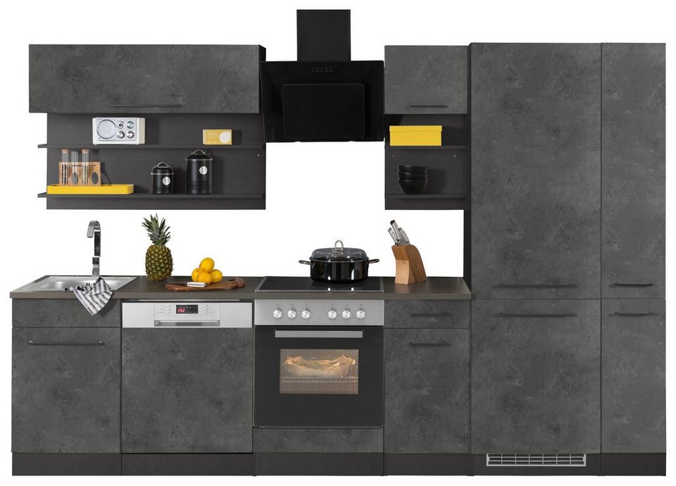 HELD MÖBEL Küchenzeile Tulsa, mit E-Geräten, Breite 300 cm, schwarze  Metallgriffe, MDF Fronten, Viel Stauraum