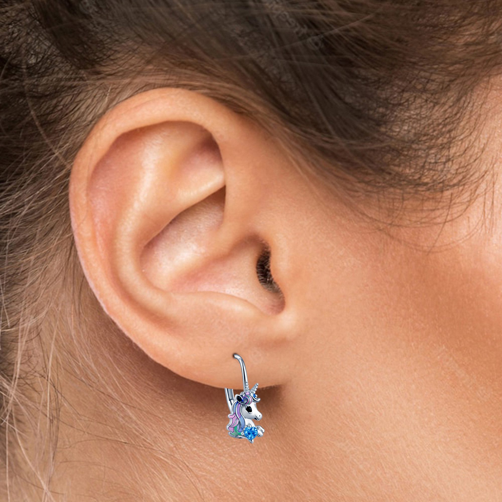 Limana Paar Ohrhänger Kinder Einhorn Pferde hängende Ohrringe 925 Silber bunt Brisur Mädchen (inkl. Dose Silberschmuck Echtschmuck Schmuck Geschenk für Geburtstag), Ostern Einschulung Schulanfang Nikolaus Kommunion Weihnachten