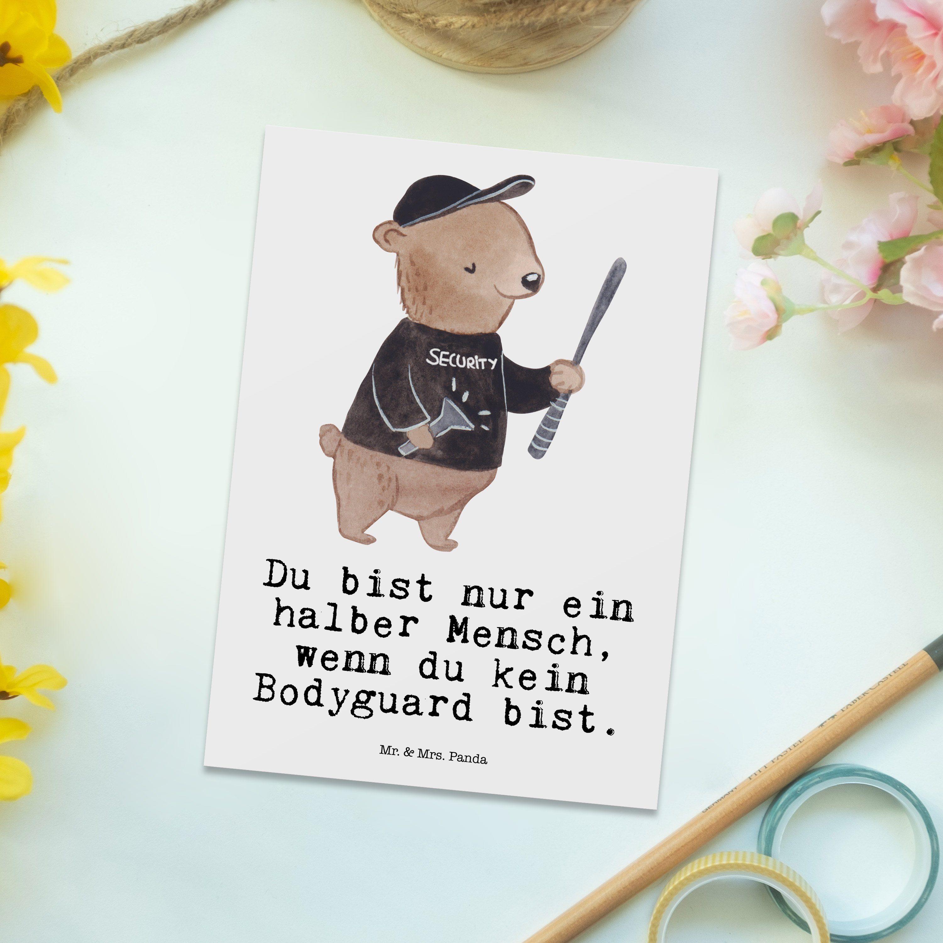 Mr. & Mrs. Postkarte Weiß Panda - Gesch Ansichtskarte, Geschenk, Herz mit Einladung, - Bodyguard