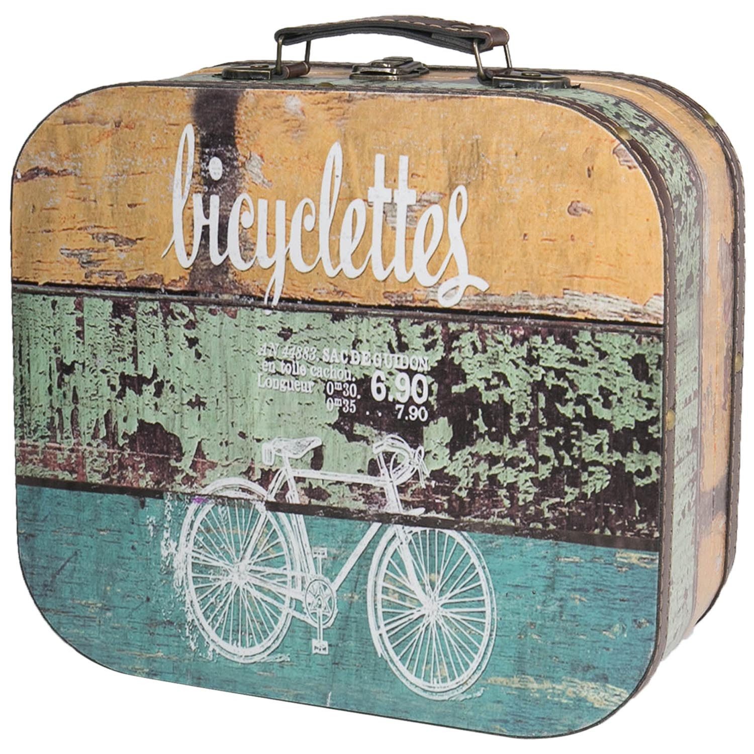 HMF Aufbewahrungsbox Vintage Koffer aus Holz, Aufbewahrungsbox mit Deckel und Ledergriff (1 St), Geschenkidee für Hochzeit, Geburtstag, Fahrradmotiv 32 x 29, 5 x12 cm