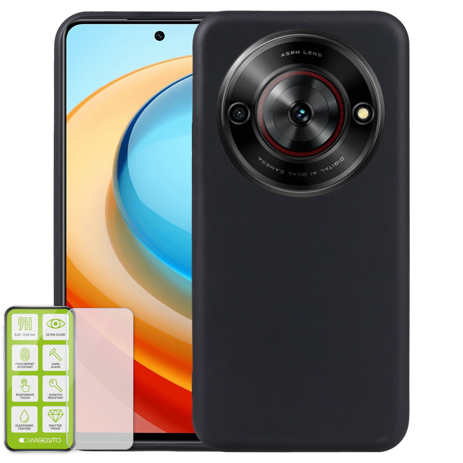 Wigento Handyhülle Für ZTE Blade A75 5G Silikon TPU Schutz Hülle Schwarz + H9 Hart Glas, Produktset TPU Hülle mit Hart Glas