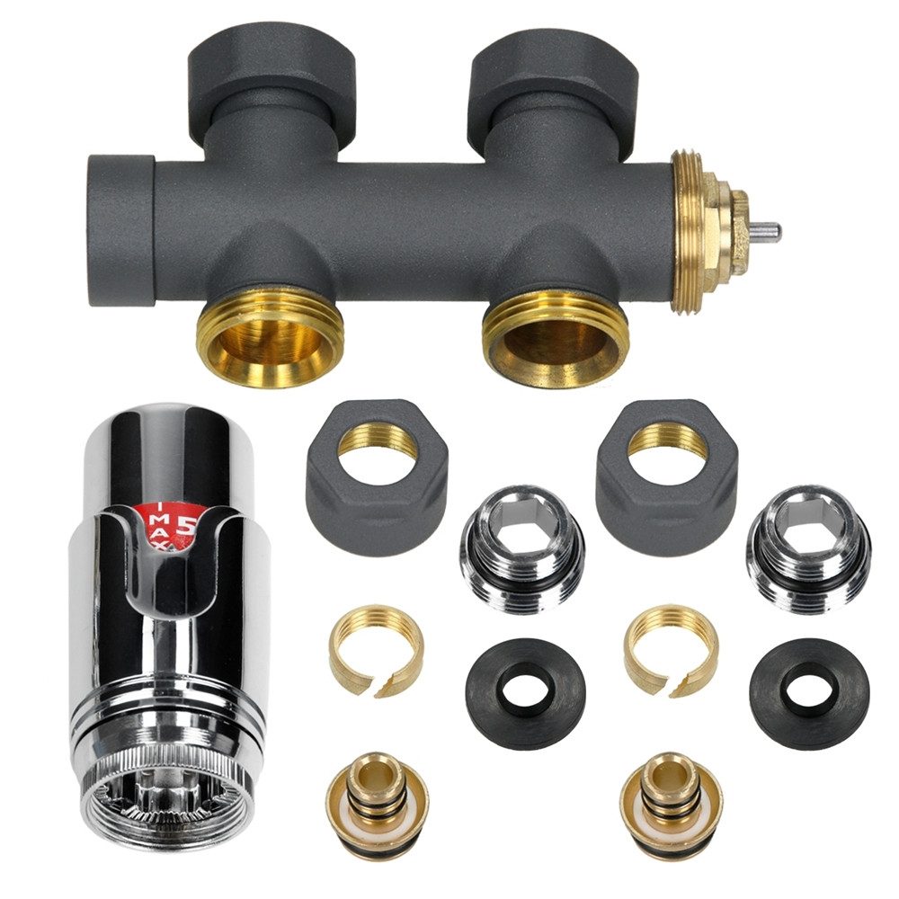 LuxeBath Heizkörperthermostat Ventil-Armaturen Multiblock Mittelanschluss Anschlussgarnitur, Thermostatventil Ventilhahnblock Durchgangsform + Thermostatkopf