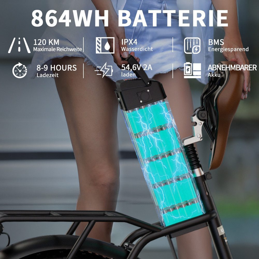 Onesport E-Bike Cityrad Faltbares Damen u. Herren 864Wh mit 120 km Reichweite & fetten Reifen, 7 Gang, Kettenschaltung, Heckmotor, 864 Wh, (mit Akku-Schlüssel, mit Akku-Ladegerät, mit abnehmbarem Akku), E-Bike mit Power-Motor, Shimano 7-Gang & Scheibenbremsen