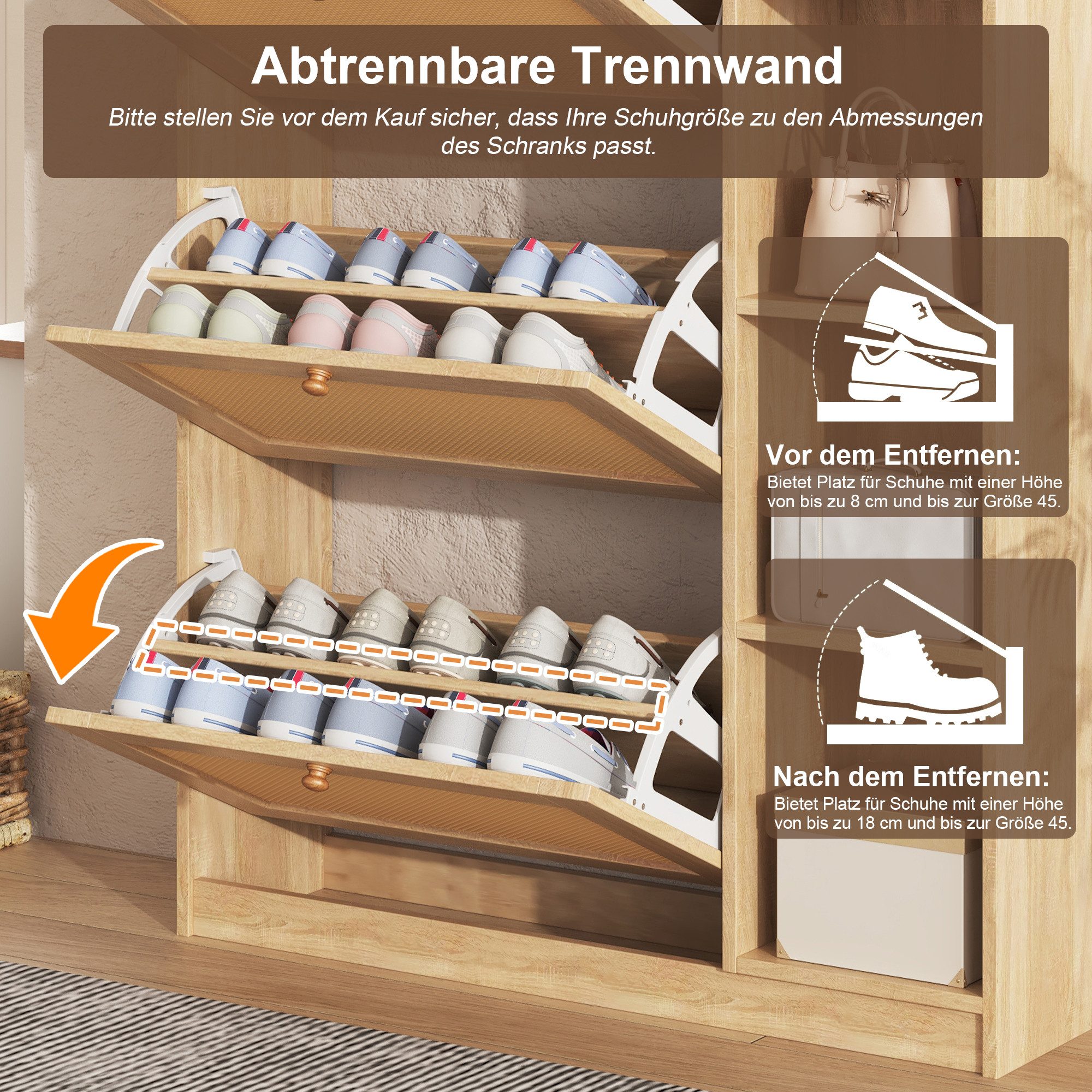 i@home Schuhkipper Schmaler Schuhschrank aus Rattan mit 3 Klappfächern, verstellbaren Einlegeböden, seitlichen offenen Ablagen, 90×24×103 cm