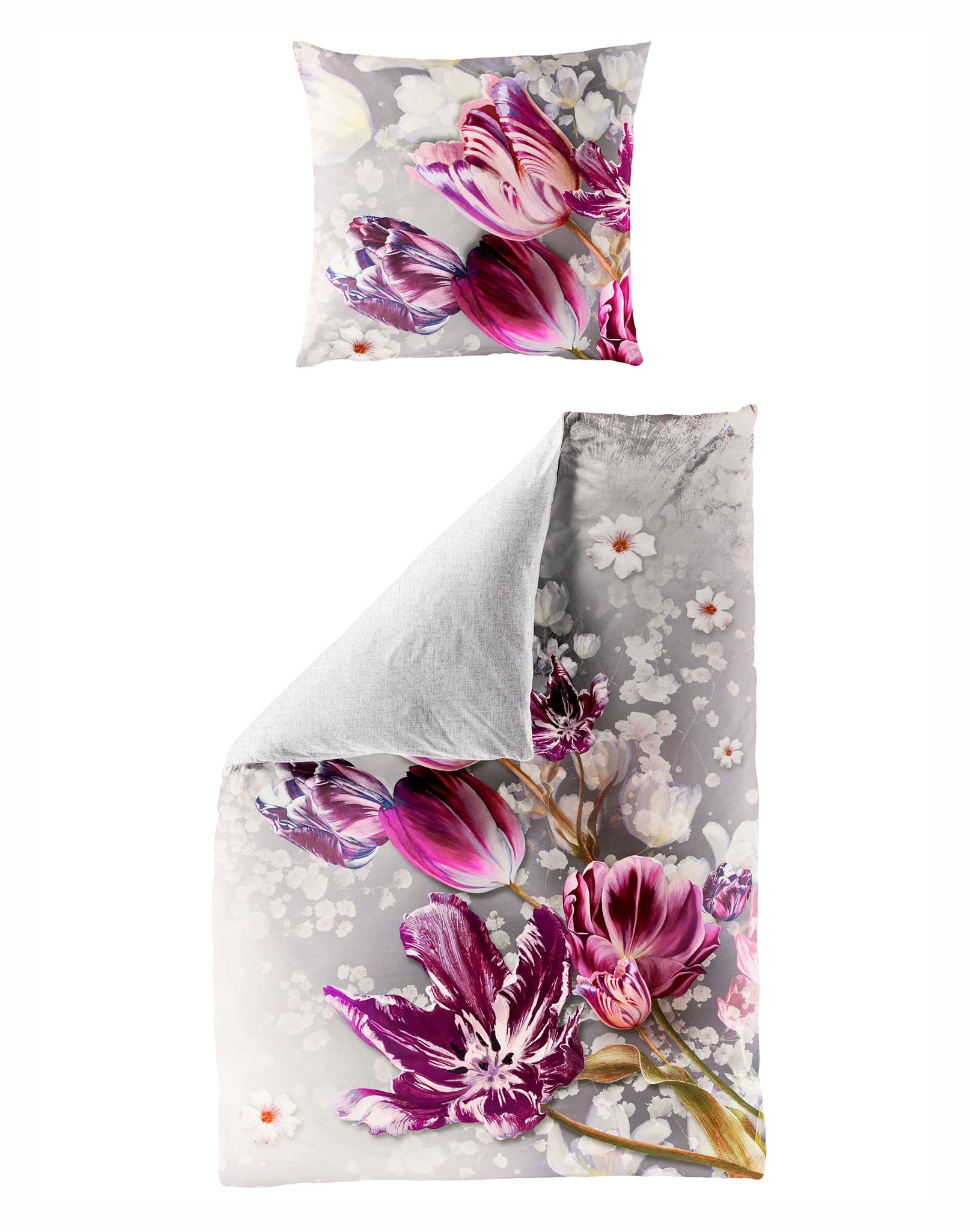 JACK Wendebettwäsche 135x200cm Tulpen in Lila und Silber, Mako-Satin, 2 tei günstig online kaufen