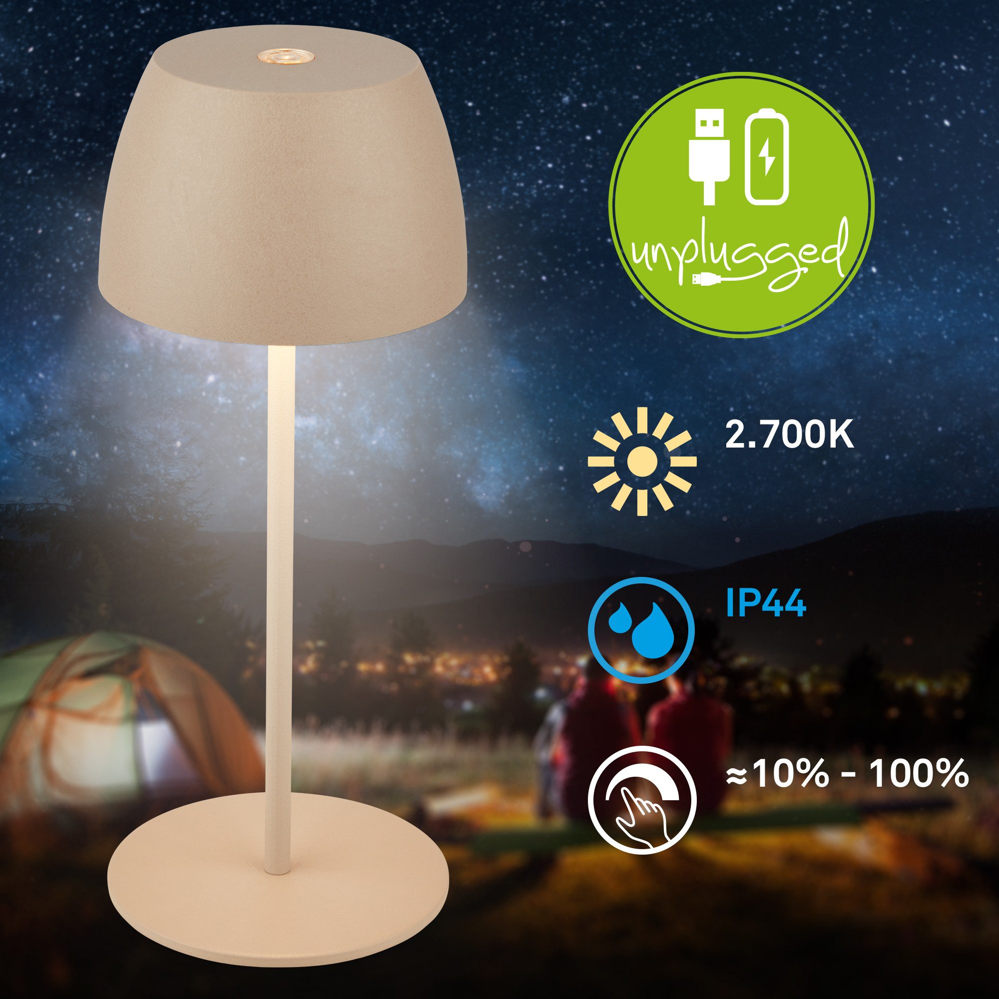 Briloner Leuchten Tischleuchte Akku Tischlampe dimmbar kabellos Außen/Innen, Ladekabel, LED fest integriert, 2700K - Extra - Warmweiß, Tischlampe kabellos 20x8cm Beige 2,5W Wohnzimmer Schlafzimmer Outdoor