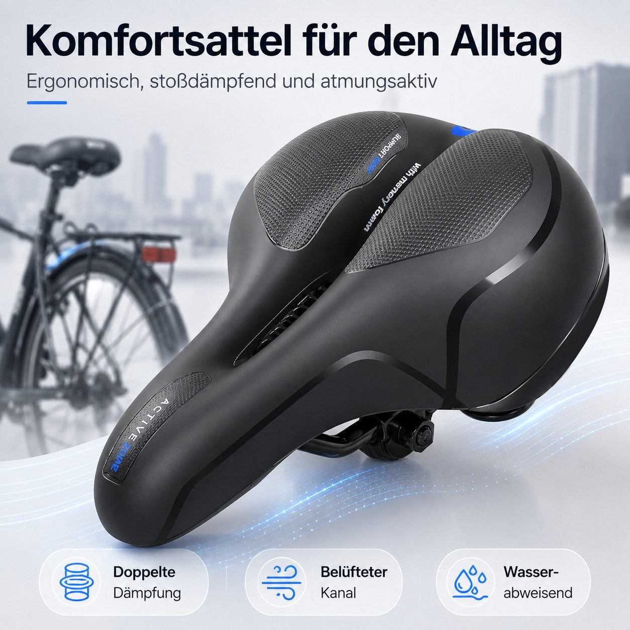 Luckice Fahrradsattel Ergonomischer Fahrradsattel mit Doppelstoßdämpfung, (Belüftung, breiter Polsterung), wasserabweisender Oberfläche & Reflektor