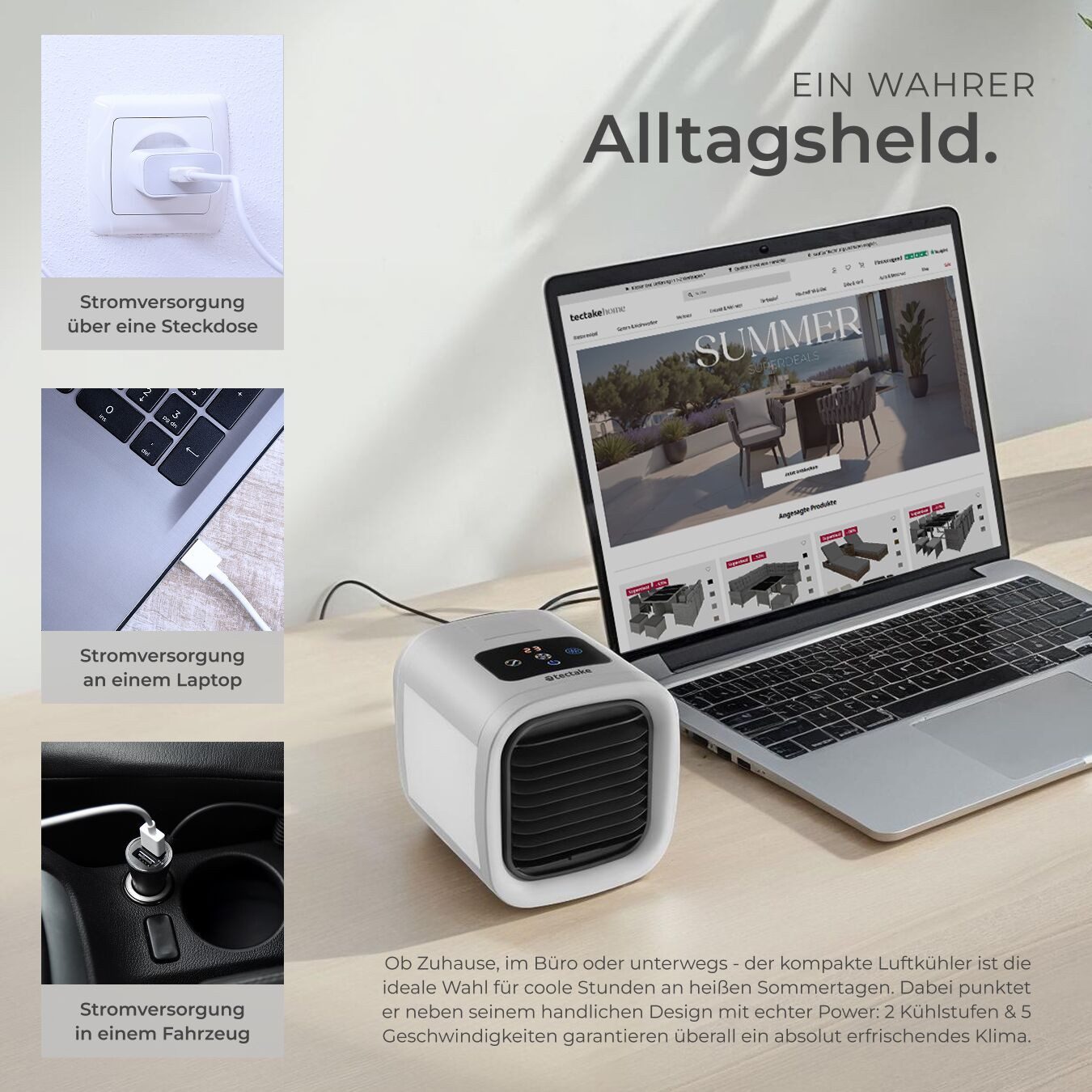 tectake Ventilatorkombigerät 3in1 Klimagerät Frosty in grau, Wassertank 250 ml, inkl. USB-Kabel, 5 Geschwindigkeits- und 2 Kühlstufen, Touch-Bedienfeld