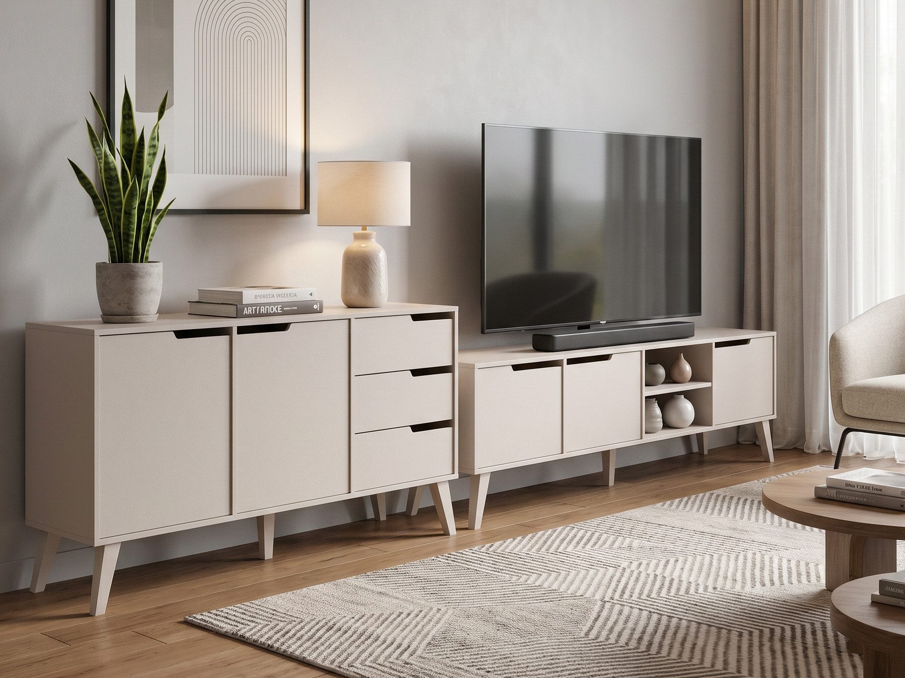 Beautysofa Wohnzimmer-Set NOREL 2-teilig Kommode 160 cm + TV-Schrank 180 cm, (modernes Wohnzimmermöbel-Set mit Schubladen, Türen, offenen Fächern, Holzbeinen, ABS-Kanten), Erhältliche Farben: Warmia Walnuss und Cashmere