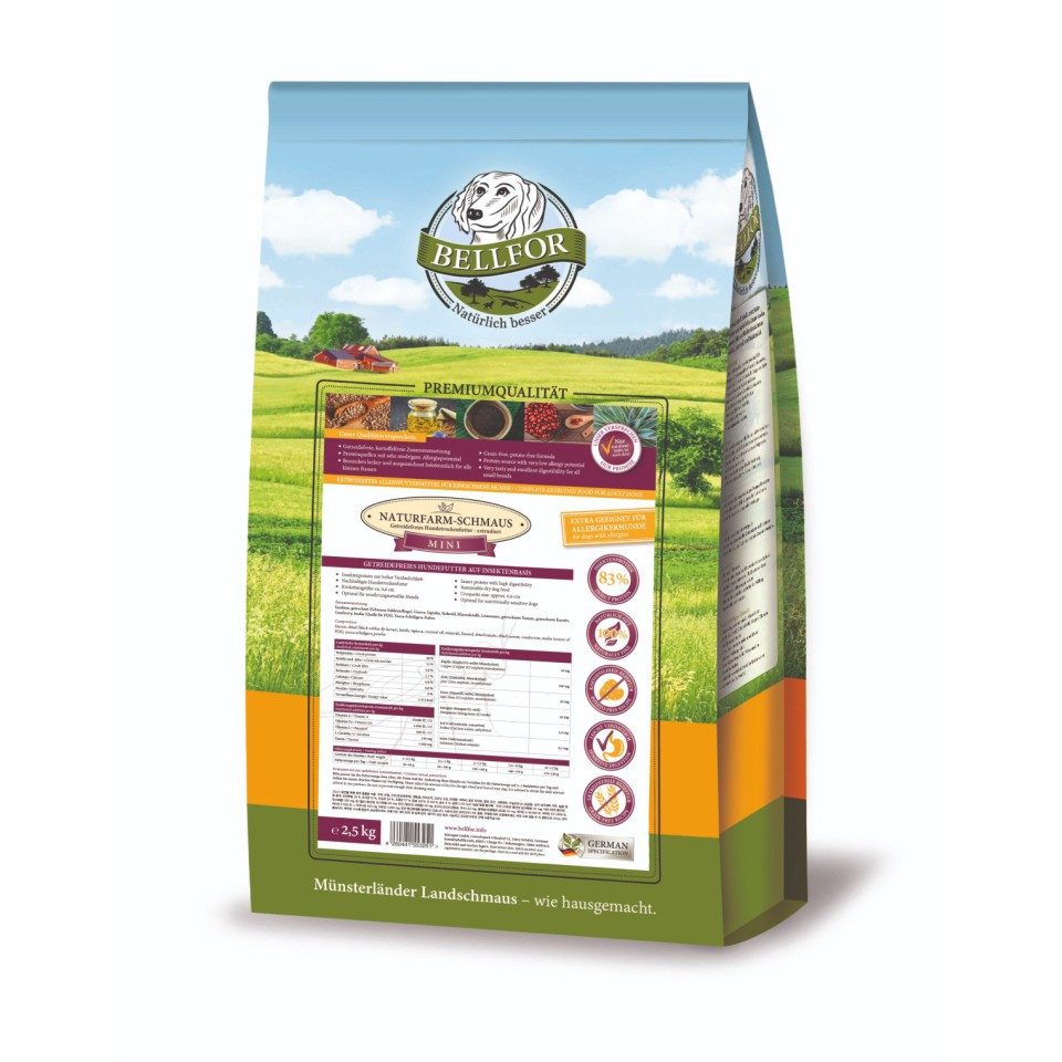 Bellfor Trockenfutter für Hunde mit Insekten - Naturfarm-Schmaus Mini - 2,5 kg, Trockenfutter für: Hunde, für kleine Hunde, getreidefrei, glutenfrei, kartoffelfrei