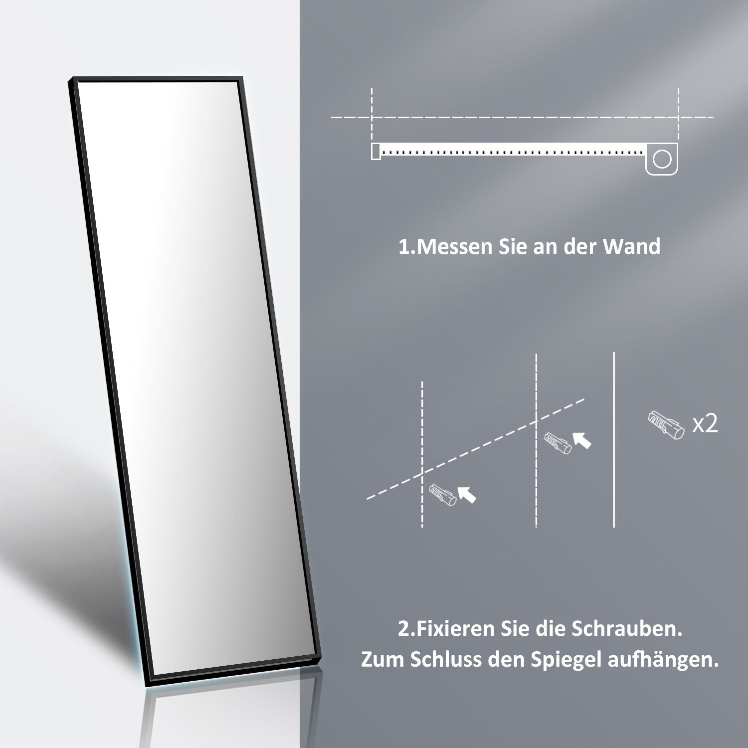 Schwarz Ganzkörperspiegel Wandspiegel (Hochspiegel Rechteckig Eckig Flurspiegel 1-St., Arched, Boromal Freistehend/Wand-montierbar Standspiegel Spiegel groß 160x40,150x50,140x40cm),