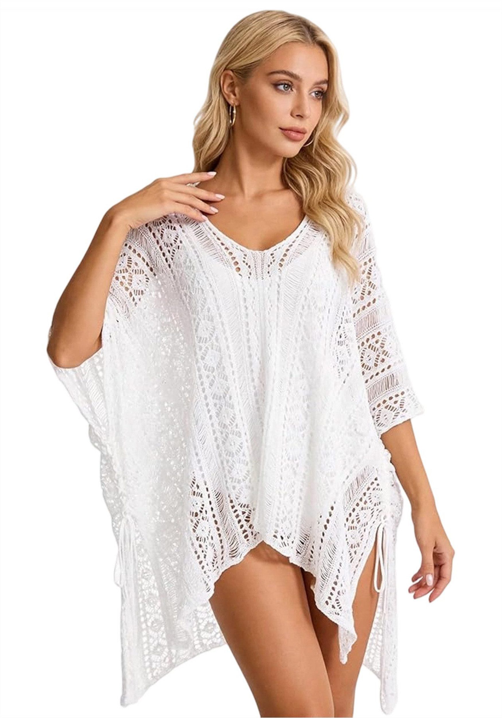 Mutig Strandkleid Damen Bikini Cover Up Strandkleid V-Ausschnitt Poncho gestrickt Kleid (Sommer Sexy Kleider mit Cutout Crochet,Strand Strandtunika, Boho-Stil Häkelkleid Strandurlaub Badeanzug Strandponcho Longbluse) Lockeres, bequemes Kleid ideal für Som
