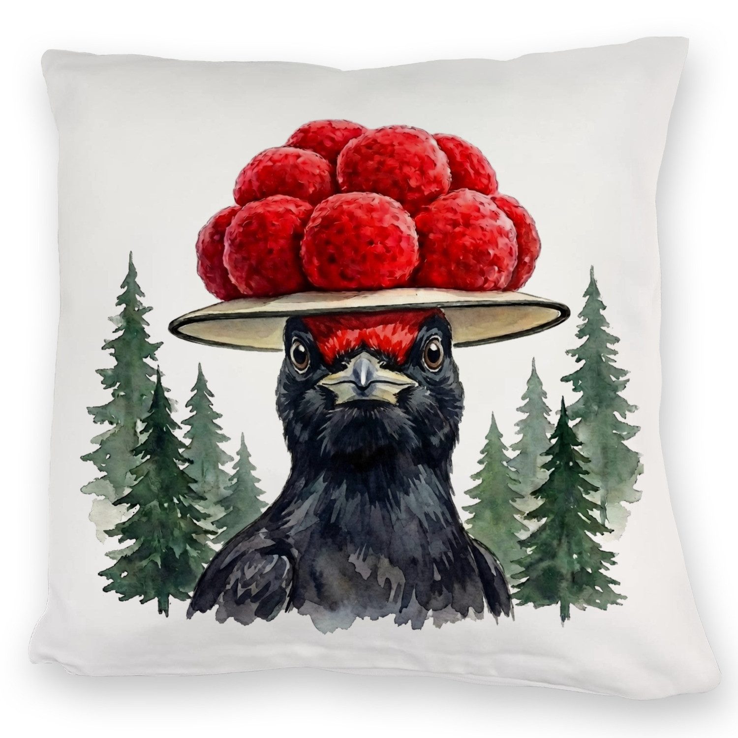 Dekokissen Schwarzspecht mit Bollenhut Kuschelkissen Schwarzwald Motiv