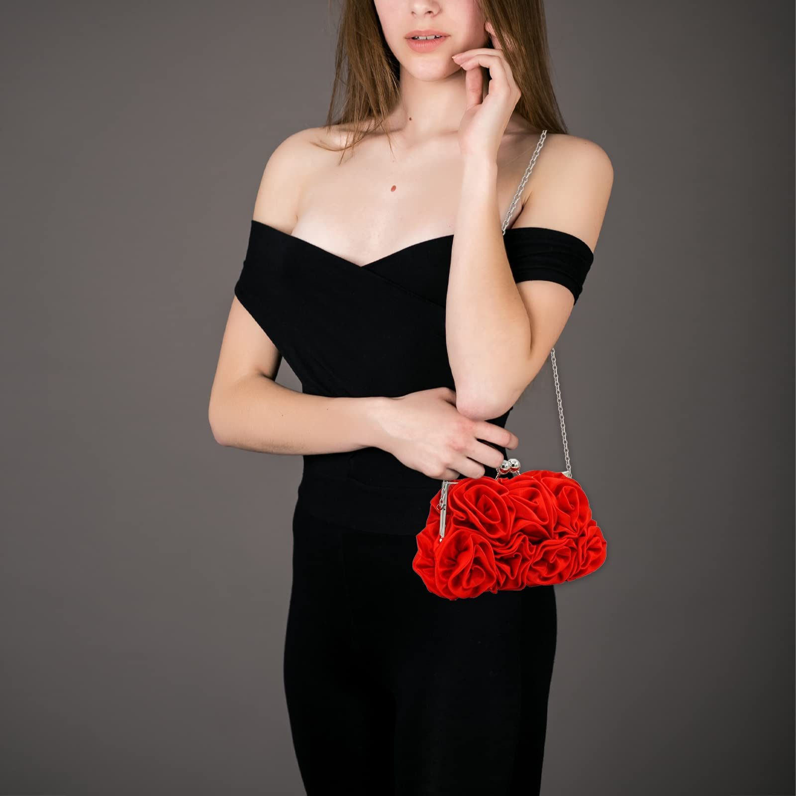 Zaewry Abendtasche Damen Abend-Clutch mit Blumenmuster aus Satin, Handtasche, mit abnehmbarem Schulterriemen für Hochzeit, Party und Abiball – Bild 5 von 5