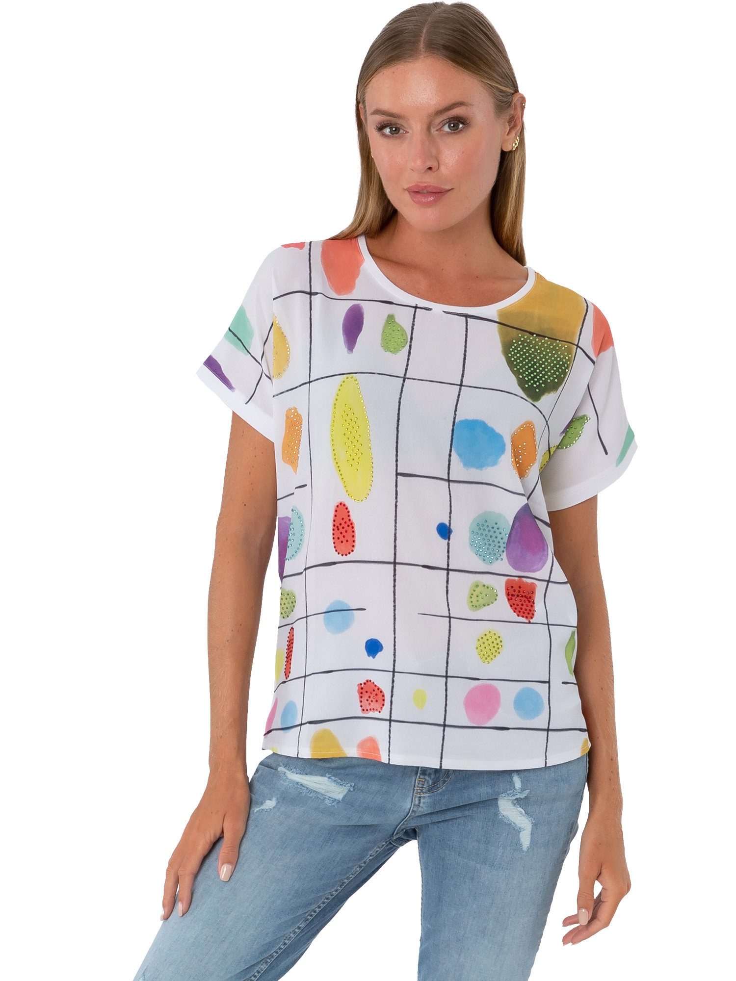 Estefania for woman Rundhalsshirt 194-1218, mit Farbklecksen und Strassbesatz überschnittene Ärmel