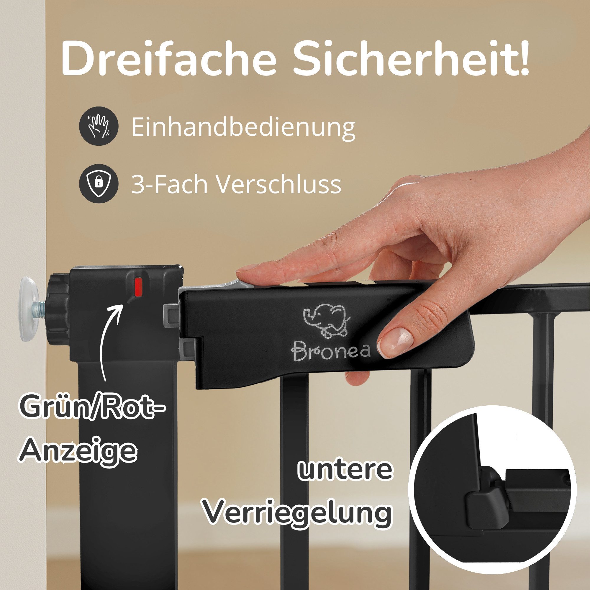 Bronea Treppenschutzgitter LUCA-M Treppengitter ohne Bohren Treppenschutzgitter Türgitter (zum Klemmen, 75-194 cm verlängerbar), 3-faches Schloss & Rot-Grün Sicherheitssystem, Auto-Close, 90° Stopp
