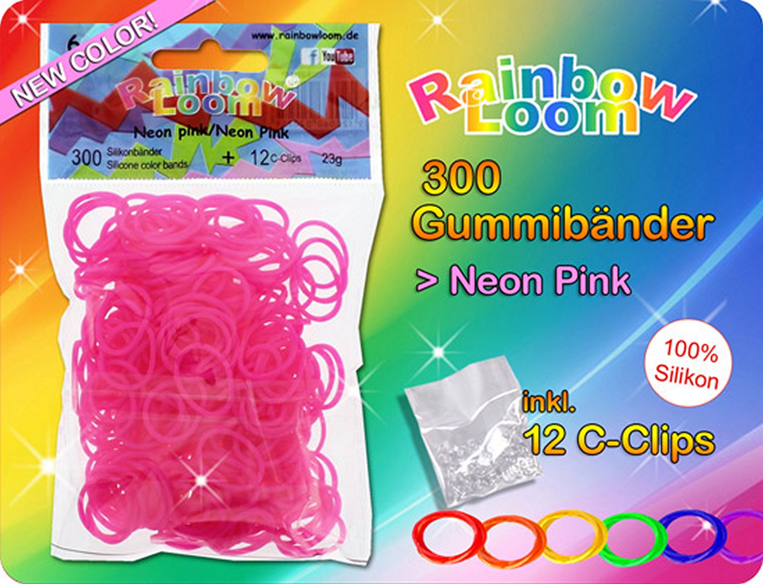 Gummibänder Rainbow Loom / 300 Gummibänder + 12 Clips / Farbe: neon-pink