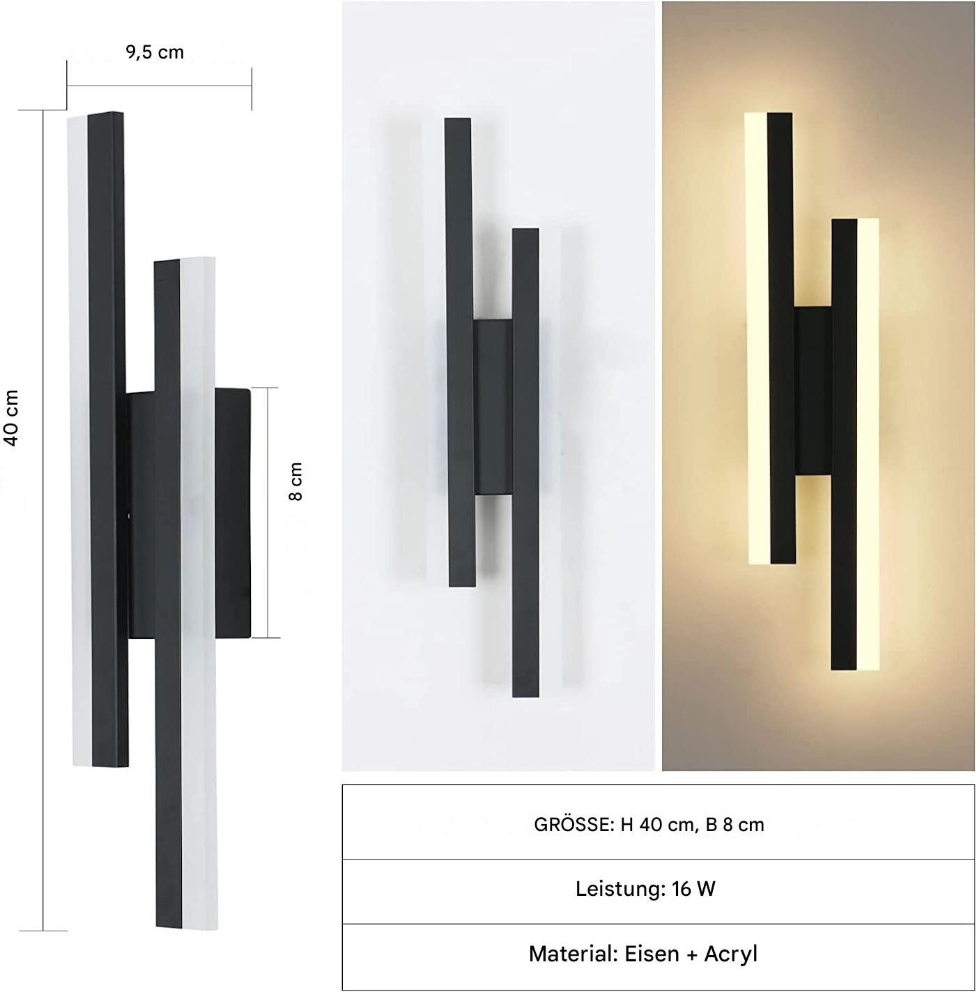 Riserva LED Wandleuchte LED Wandleuchte Innen Schwarz 16W Warmweiß Flur Lampe, LED wechselbar, Einfache Installation, integrierte LED, augenschonendes Design