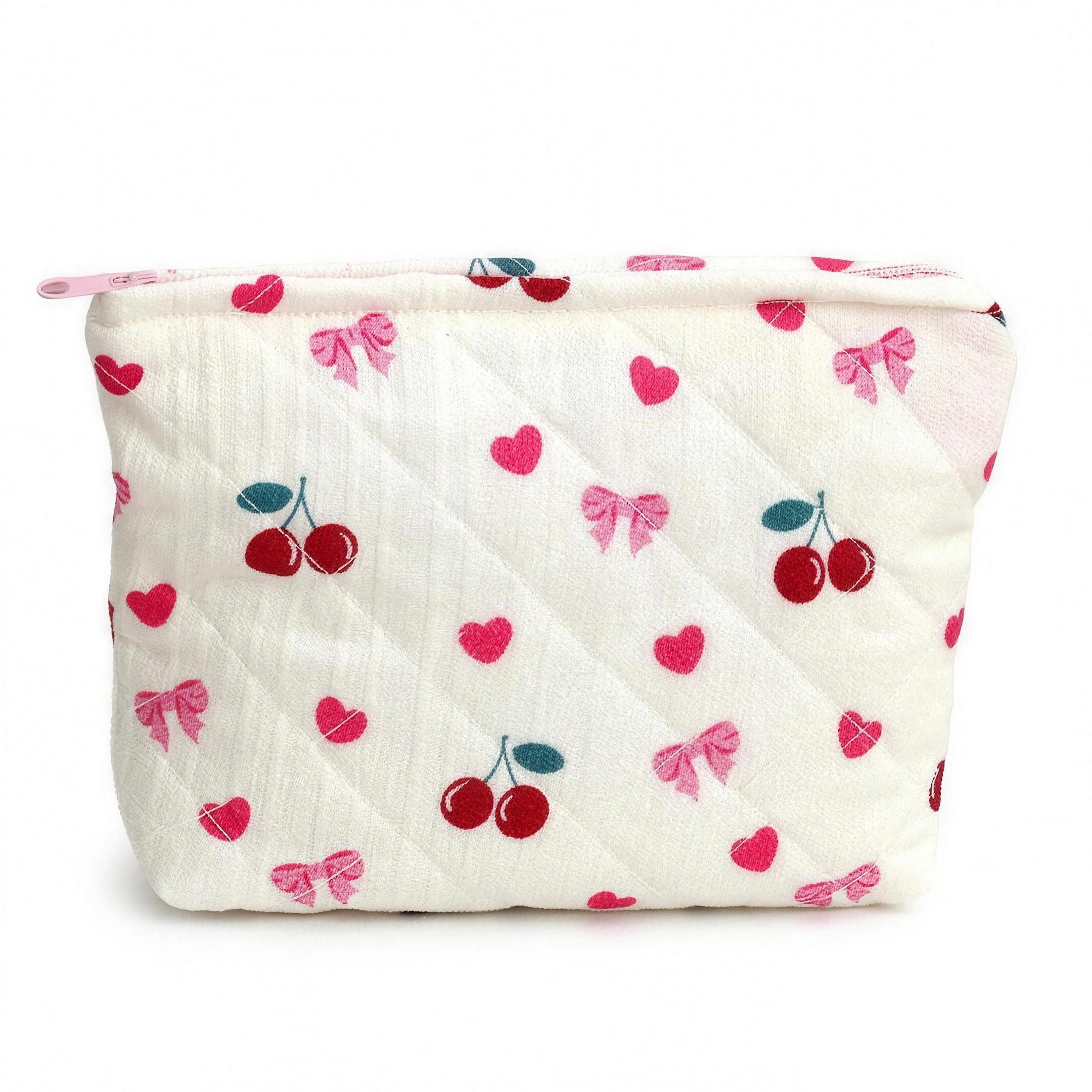 H-basics Kosmetiktasche gesteppte Schminktasche Kirschen-Print Weiß 26cm