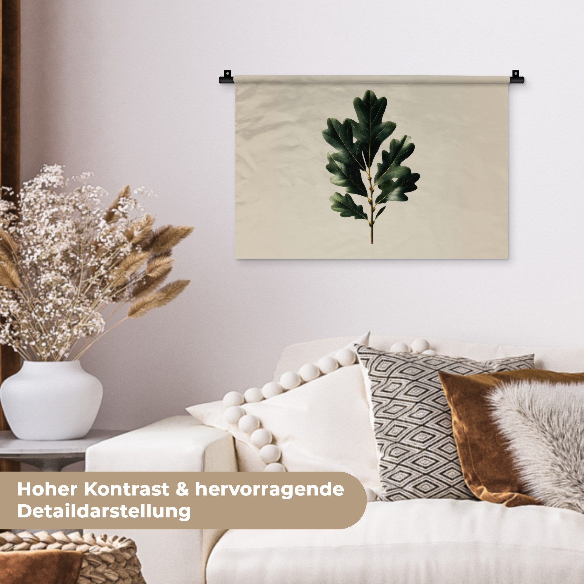 MuchoWow Wandteppich Eichenblätter - Beige - Grün - Gewellte Ränder, Rechteckig, Höhe: 3 mm, Wandteppich für Wohnzimmer, Schlafzimmer, 60x40 cm