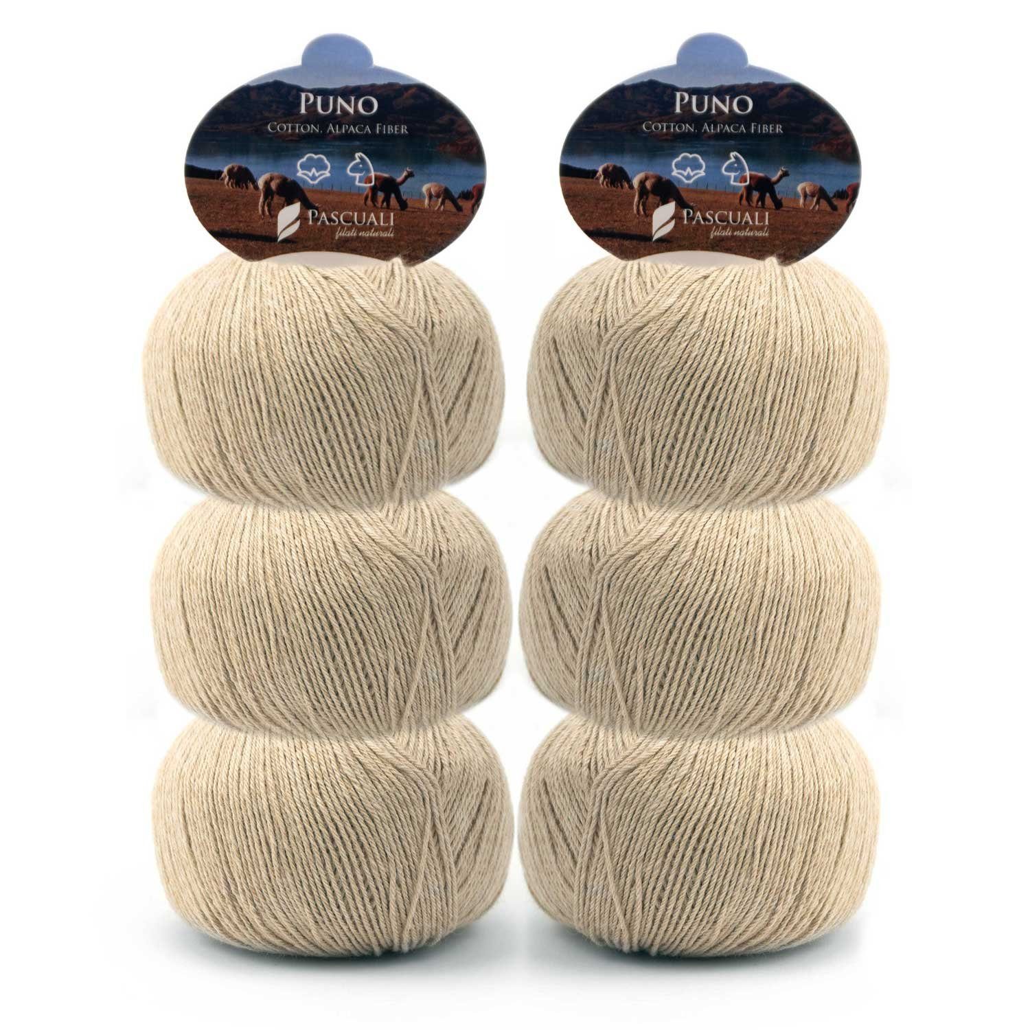 Pascuali 6 x 50g Pascuali Puno naturbelassen. Strickwolle aus 70% Baumwolle  (Bio), 30% Alpakawolle, Alpaca Wolle zum Stricken und Häkeln Häkelwolle