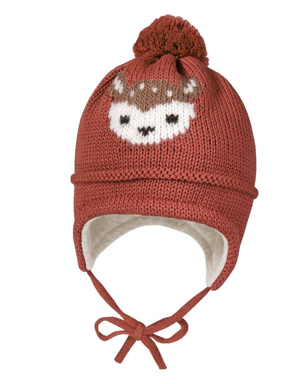 Strickmütze MINI GIRL-Mütze, Intarsia, Reh ausgenäht, Pompon