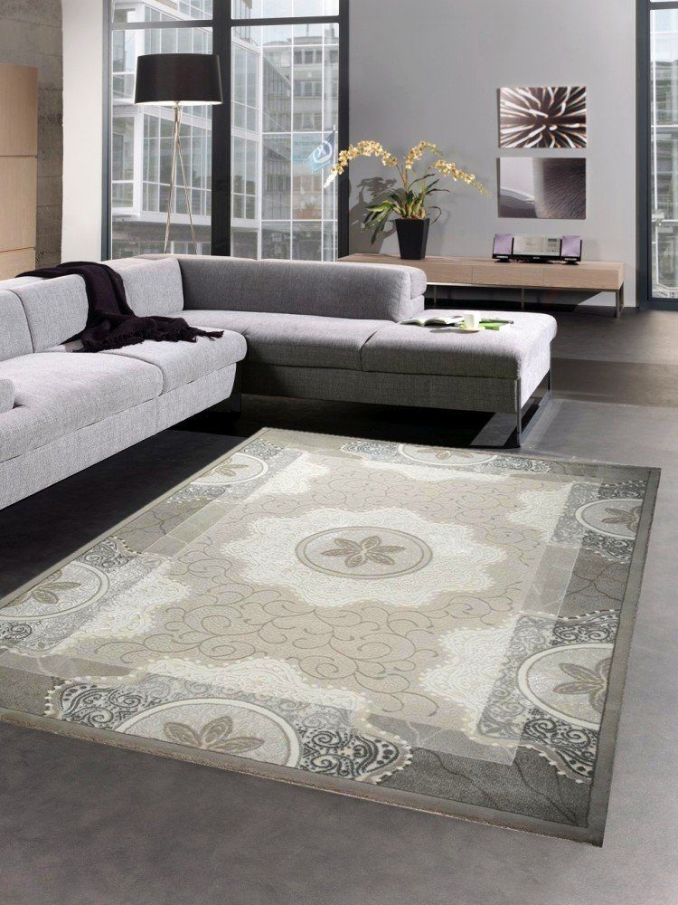 Wollteppich Designer Teppich Wollteppich Ornamente Glitzer grau beige