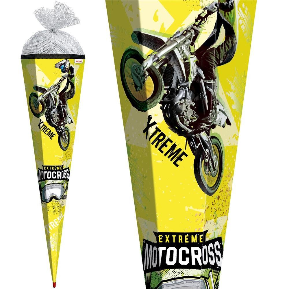 Roth Schultüte Extreme Motocross mit Folieneffekt, 85 cm, eckig, mit silberfarbigem Tüllverschluss, für Schulanfang