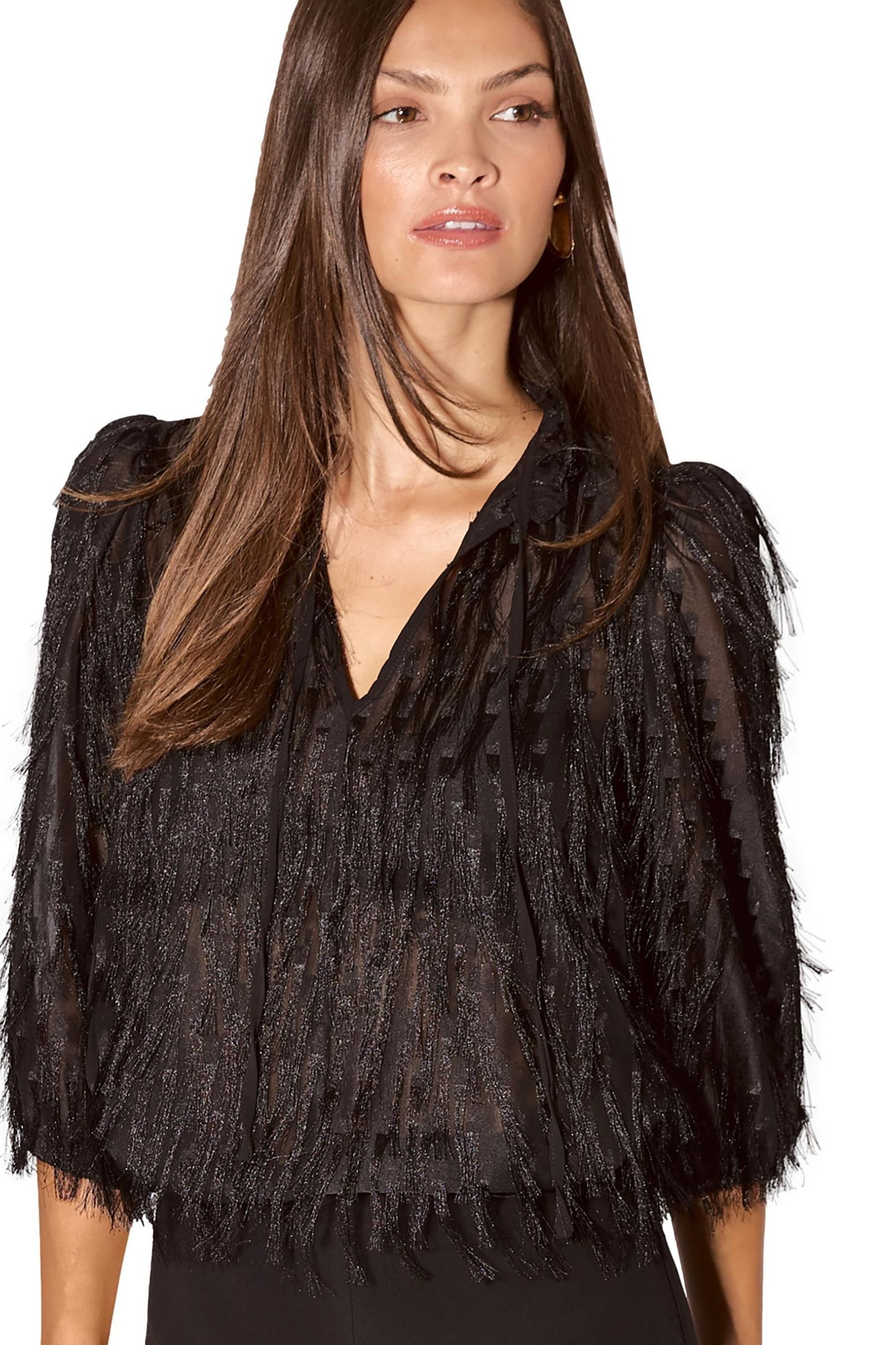 LIPSY Langarmbluse Lipsy strukturierte Bluse mit Fransen (1-tlg)