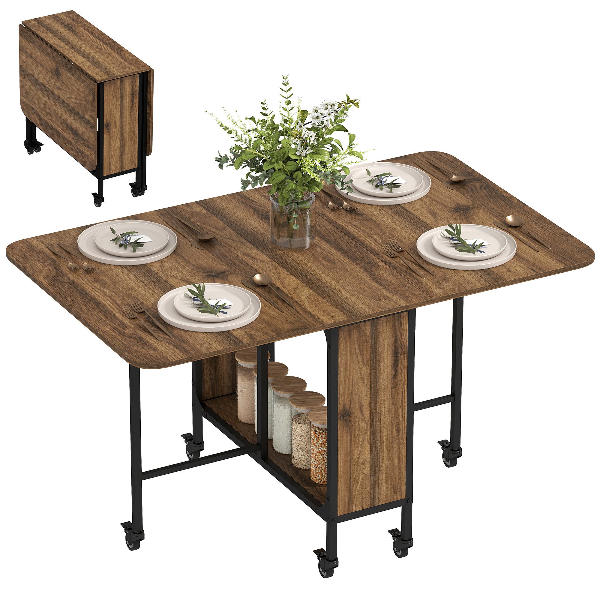 HOMCOM Klapptisch Esszimmertisch für 6 Personen, mit Ablage, für kleine Räume (Küchentisch, 1-St., Esstisch), für Wohnzimmer, Braun