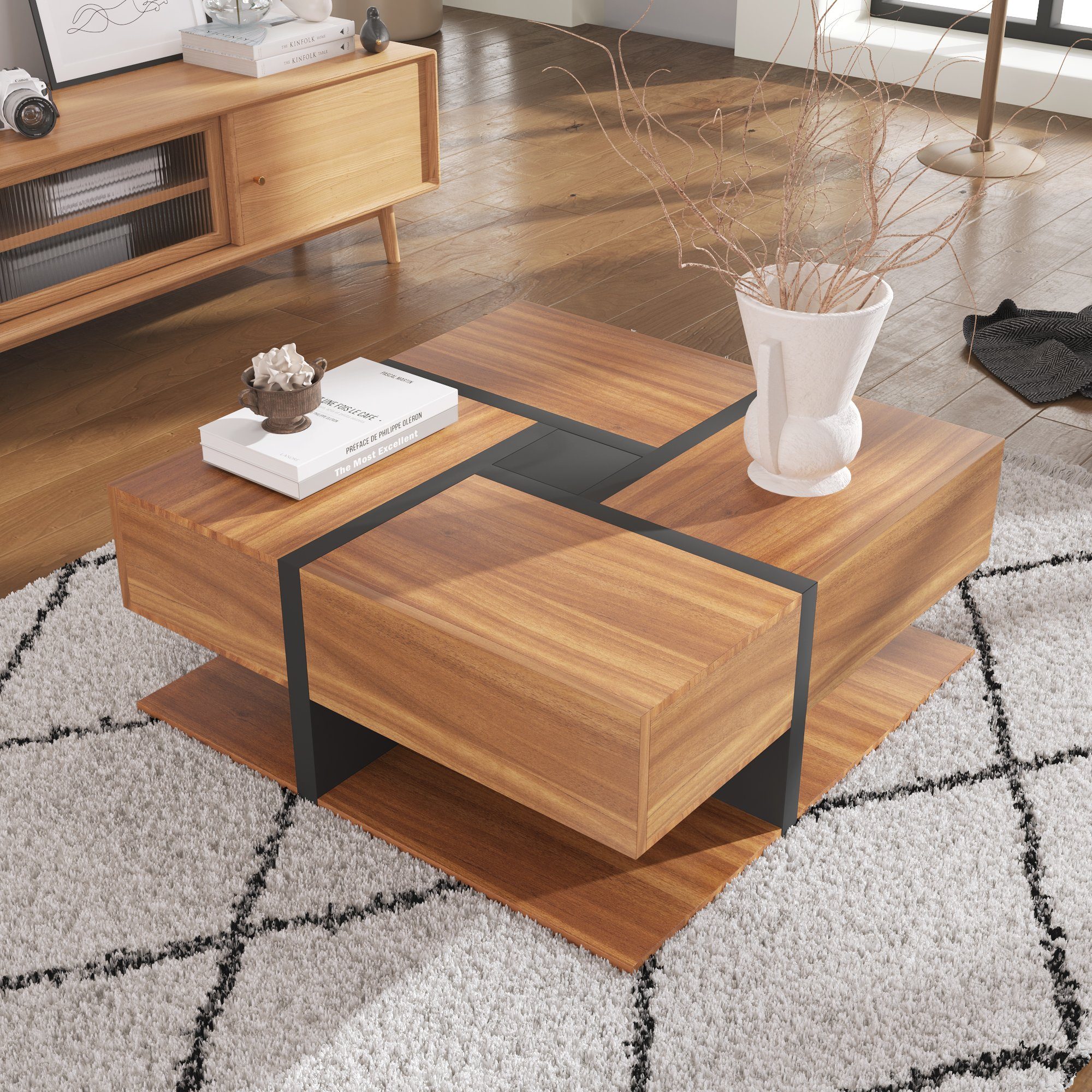 Odikalo Couchtisch Teetisch Kaffeetisch Hochglanz 4 Schubladen Liniendesign Weiss/Natur