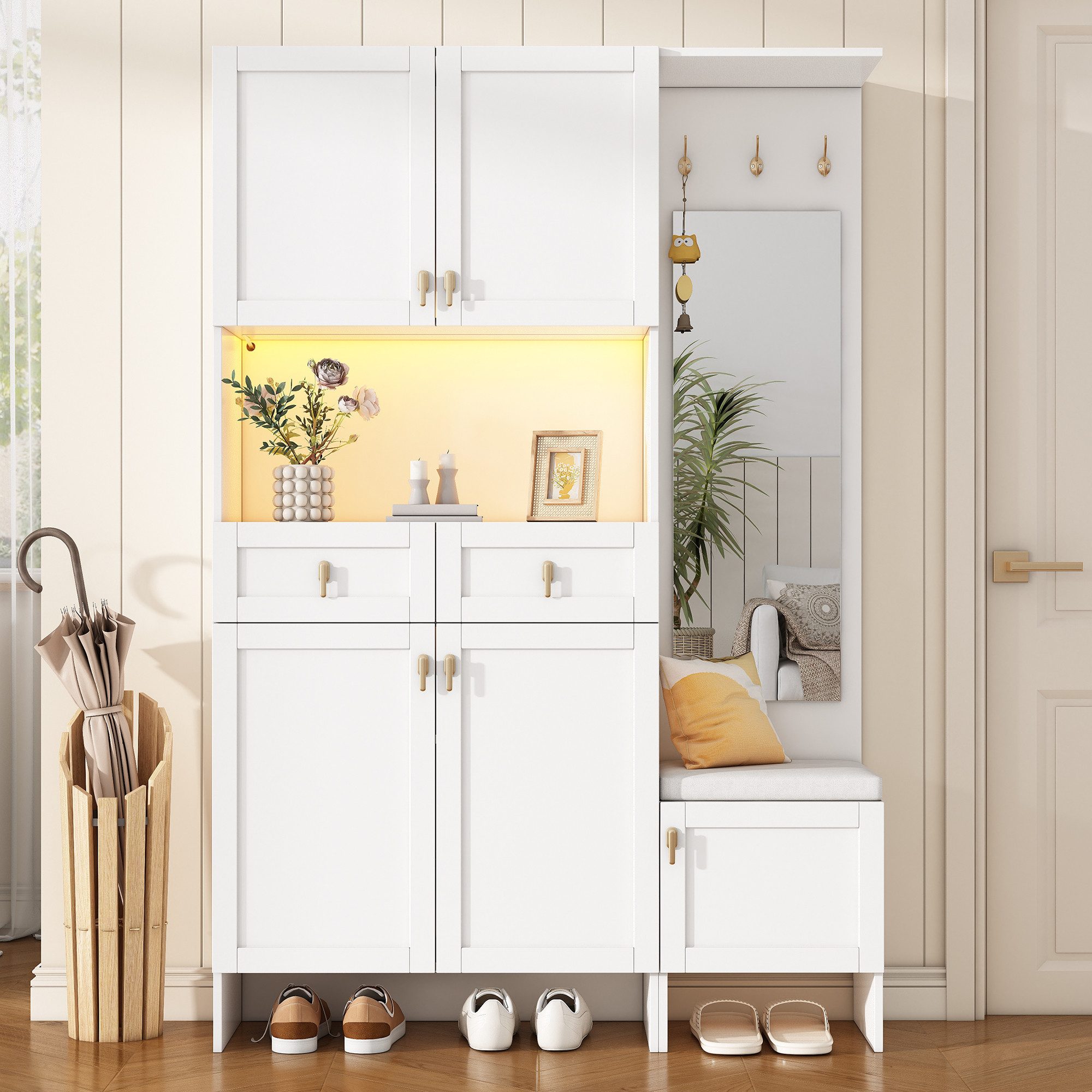 Yorbay Garderobe Set mit Schuhbank & Spiegel, Flurmöbel Weiß,Garderobenschrank, mit 5 Türen, 2 Schubladen, LED-Beleuchtung