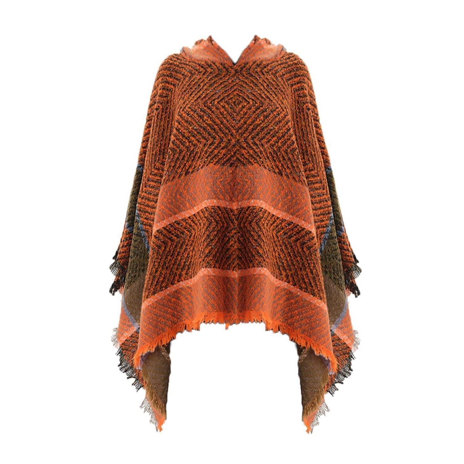 LuxusKollektion Poncho Damen Strick Poncho mit Kapuze Streifen Quaste Orange (1-St)