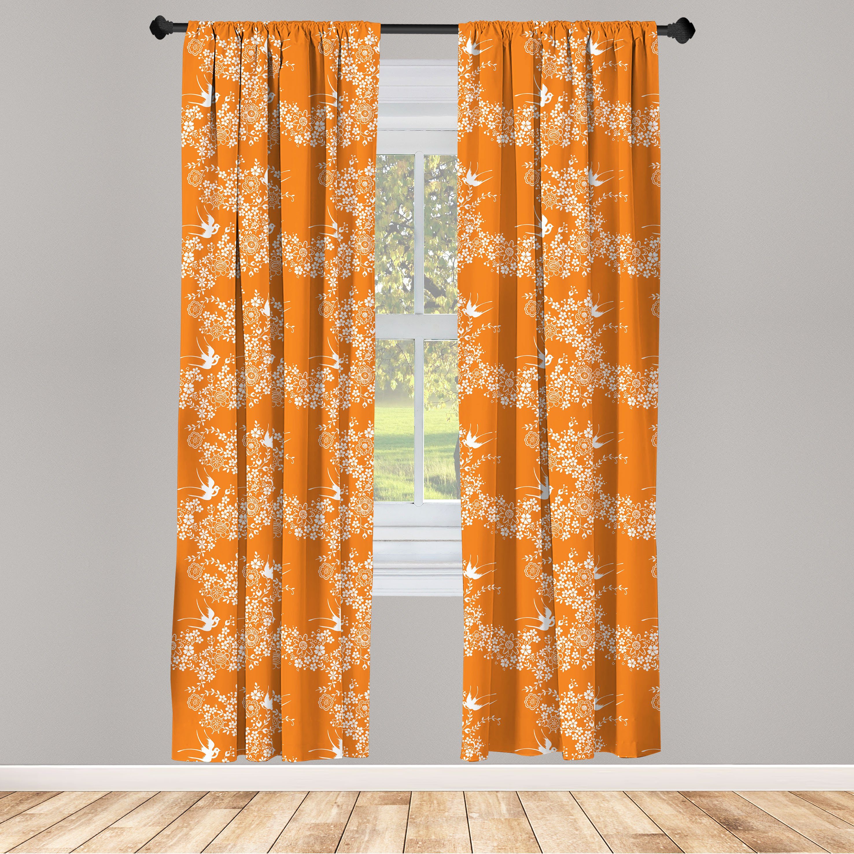 Gardine Vorhang für Wohnzimmer Schlafzimmer Dekor, Abakuhaus, Microfaser, Orange Japanische Baum-Vogel-Kunst