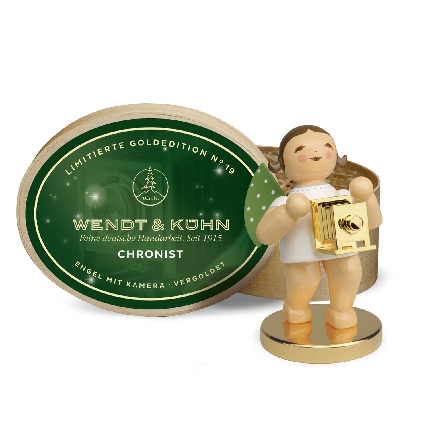 Wendt & Kühn Weihnachtsfigur Goldedition No 19 Chronist Engel mit Kamera Vergoldet Limitiert 650/30, Haarfarbe zufällig blond oder braunhaarig