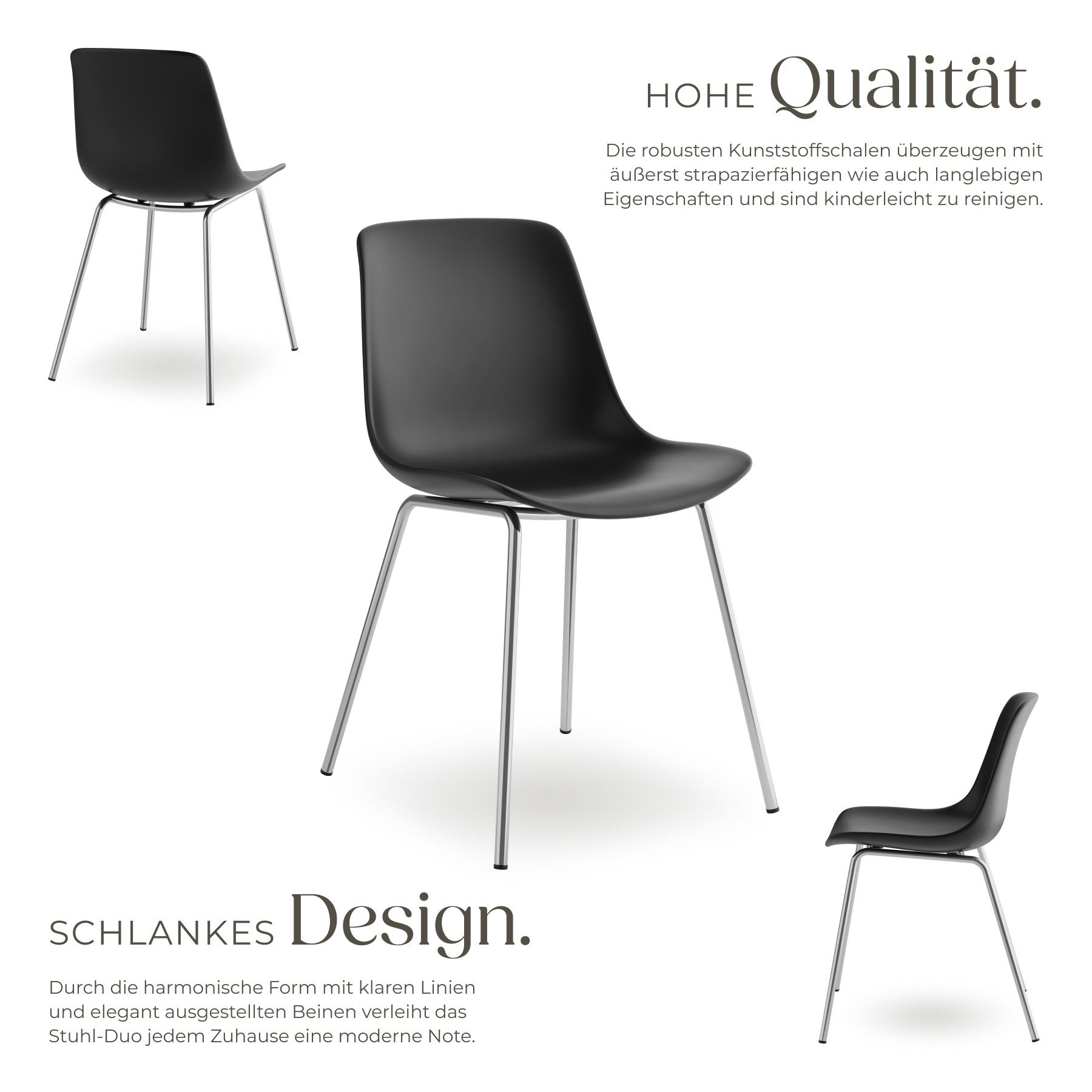 tectake Esszimmerstuhl Kunststoffstuhl, Belastbarkeit 120 kg, 46 x 55 x 80,5 cm (Plastikstuhl Mave in schwarz/chrom, 2 St), ergonomische Form mit hoher Rückenlehne, Stahlbeine, bodenschonend