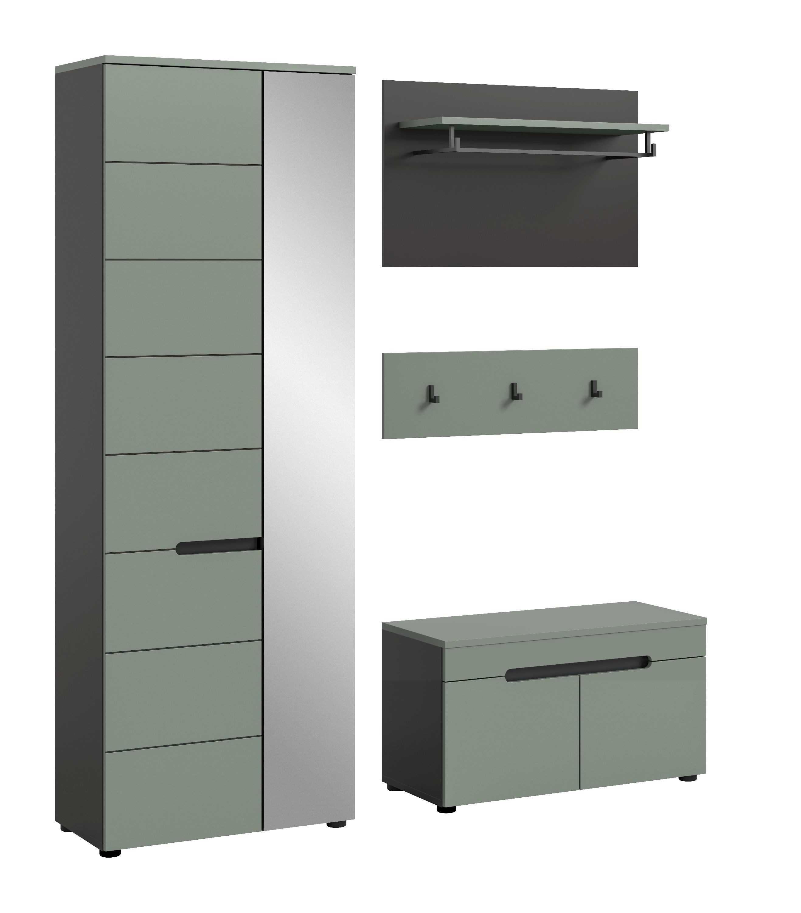 xonox.home Garderoben-Set, (3tlg. Set inkl. Garderobenschrank, Sitzbank, Paneel), Smoke Green Melamin beschichtet modern 160x190x37 cm