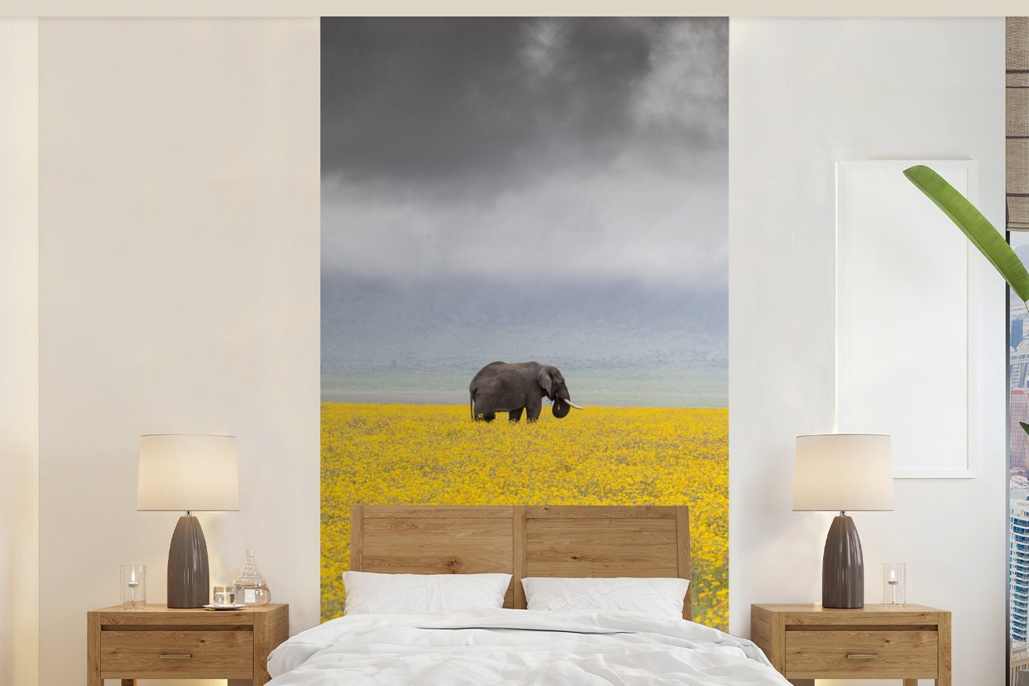 - (2 - MuchoWow bedruckt, Küche, Natur Vliestapete Fototapete Wohnzimmer für Schlafzimmer - St), Gelb Blumen Tiere, Elefant Matt, Fototapete -