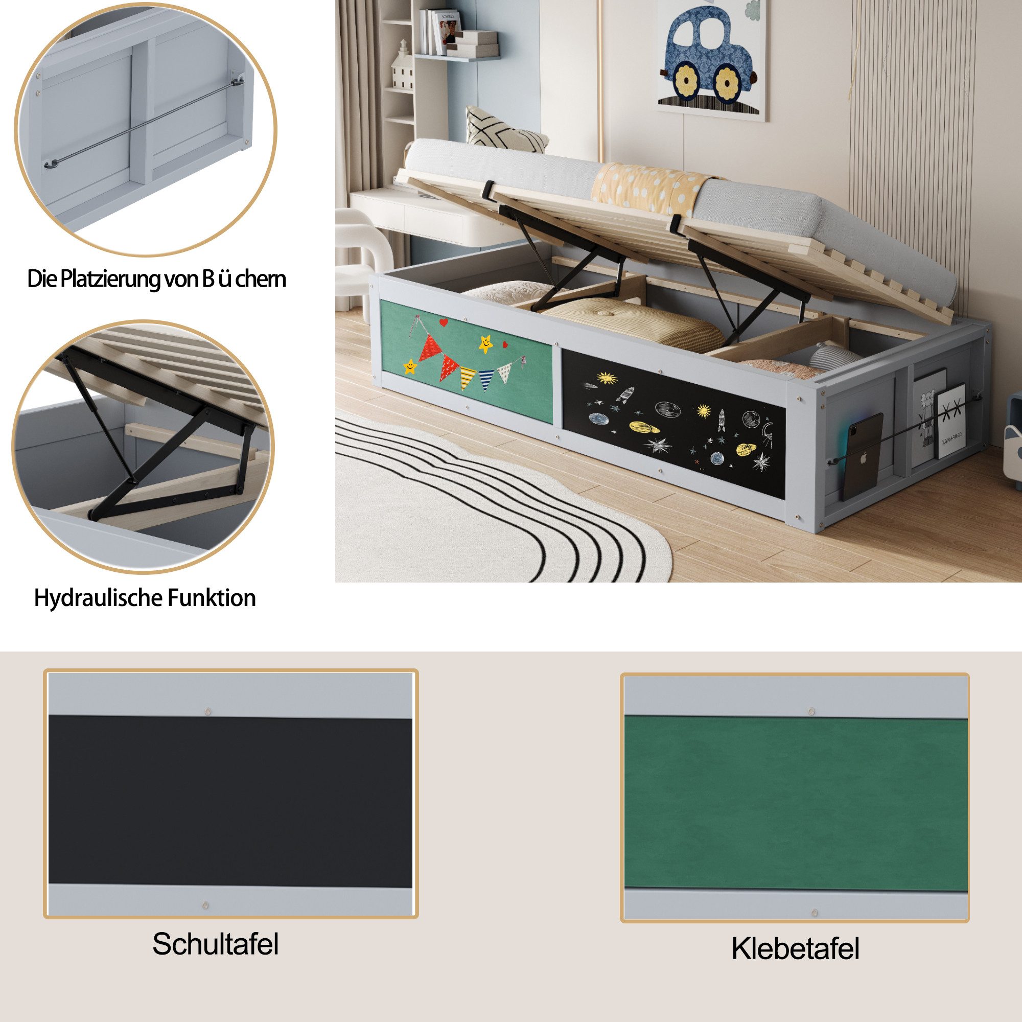 Merax Kinderbett 90×200cm mit hydraulischem Stauraum (1-tlg), Einzelbett mit Kreativtafel und Bücherregal, Jugendbett in Weiß/Grau – Bild 4 von 5