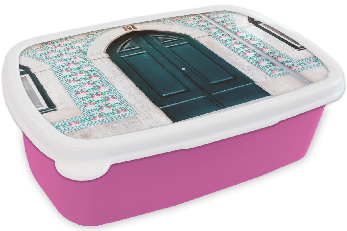 Kunststoff, Mädchen, MuchoWow Erwachsene, - - Kinder, Tür Kunststoff Lunchbox Grün Brotdose Holz Haus, Brotbox rosa für (2-tlg), - Snackbox,