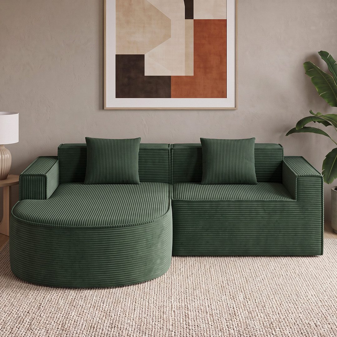 skølm Sofa Snorri aus Cord, Vollschaumcouch mit Federkern und Vakuum-Kompression, Dunkelgrün, linksseitig, kein Aufbau erforderlich, 235 cm breit, gepolstert, vakuumiert