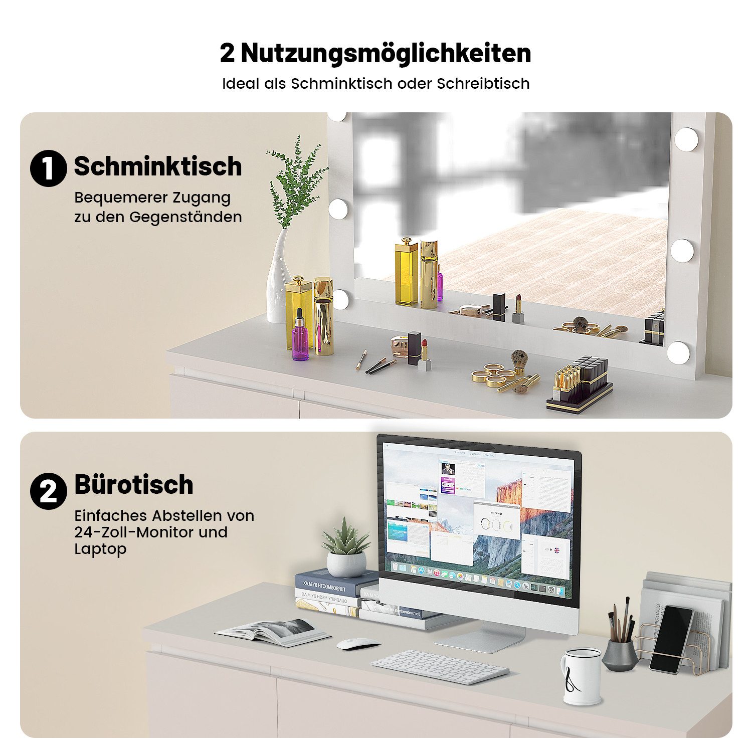 oyajia Schminktisch Kosmetiktisch mit Spiegel und LED-Beleuchtung, 7 Schubladen (Weiß Frisierkommode Kosmetiktisch Hollywood mit LED-Beleuchtung), 2 AC Steckdose, 1 USB-Anschluss, 1 Type-C Anschluss