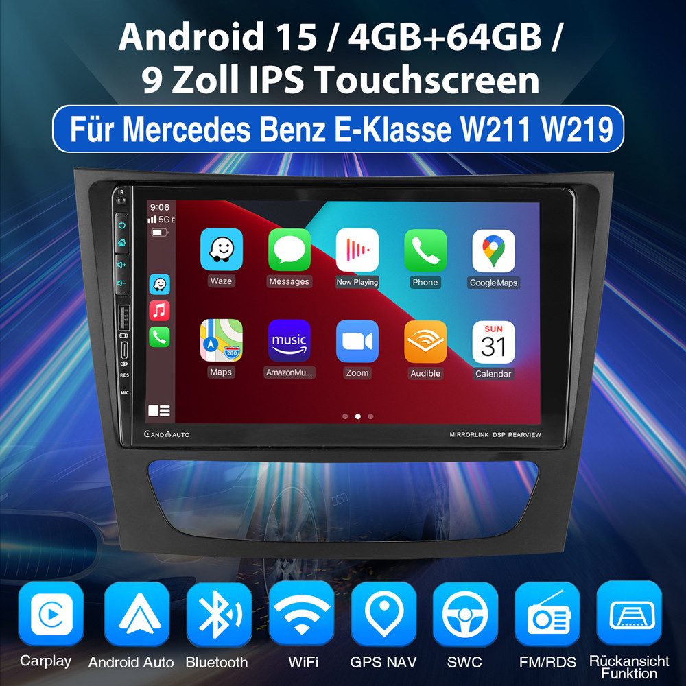 ESSGOO Für Mercedes-Benz E-Klasse CLS W211 W219 Android 15 Autoradio (RDS, Digitalradio (DAB), FM, AM, Carplay Android Auto GPS Navi WIFI BT)