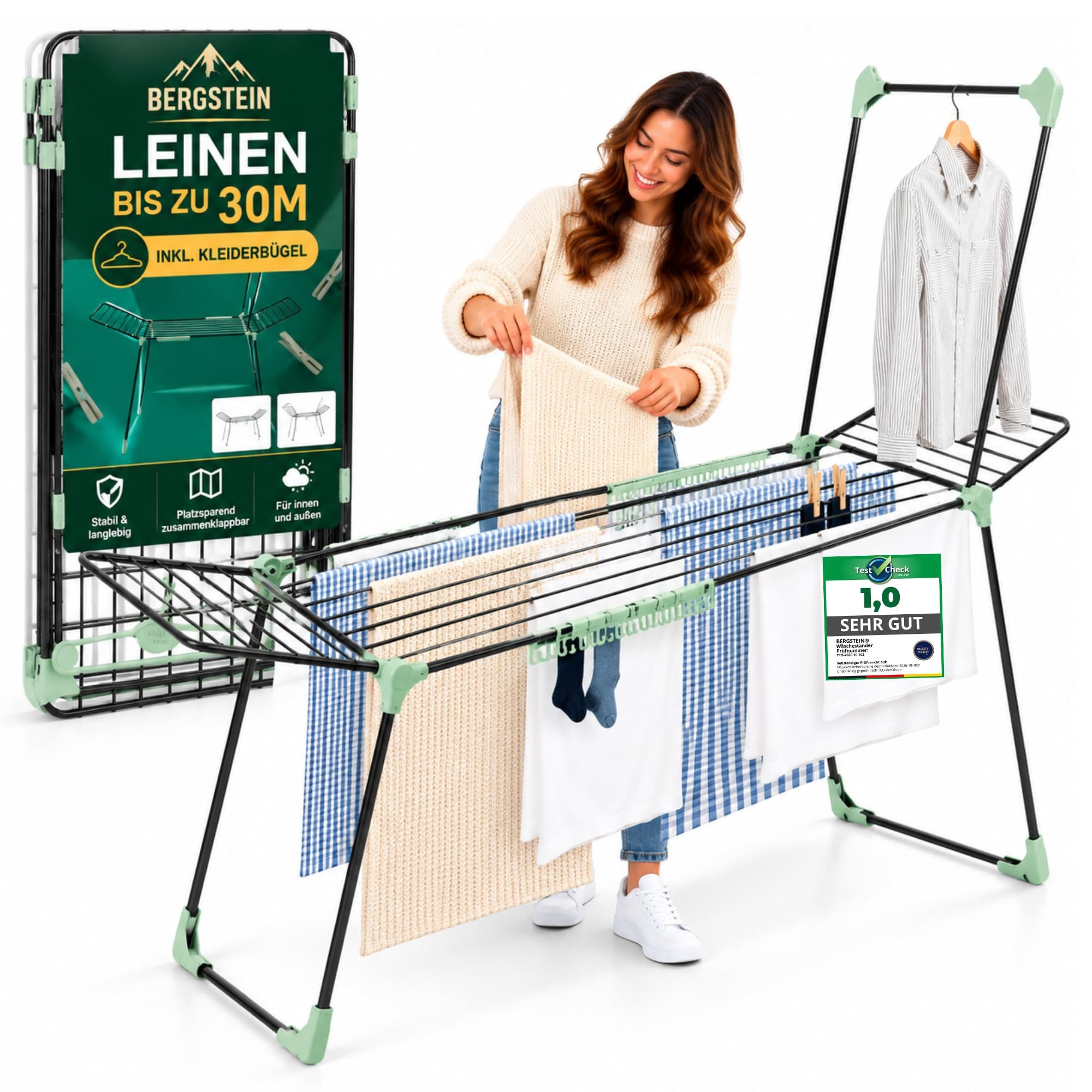 Bergstein Wäscheständer XXL [30 m Trockenfläche] mit Kleiderstange und 3 Bügeln klappbar, 20 m Flügel + 10 m Kleiderstange, 3 Bügel, …