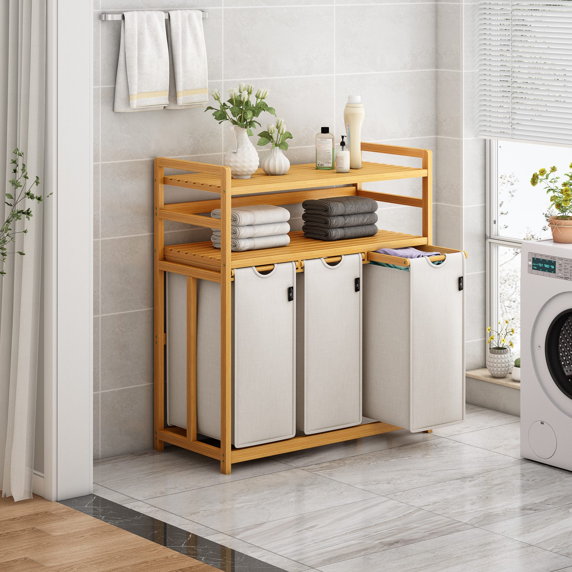 AdelDream Wäschekorb Wäschekorb 150L – 3 Fächer & 2 Regale günstig online kaufen