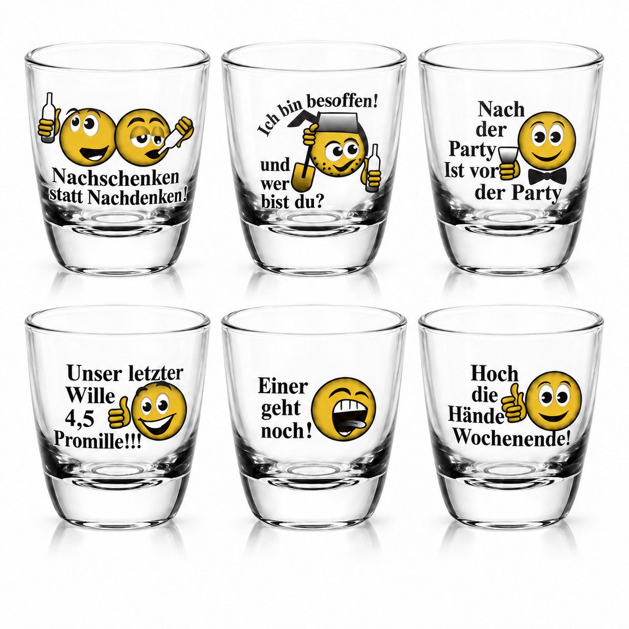 Sendez Schnapsglas 6 Schnapsgläser mit Sprüchen Shots Stamper Wodkagläser Barrel, 6-tlg., Glas