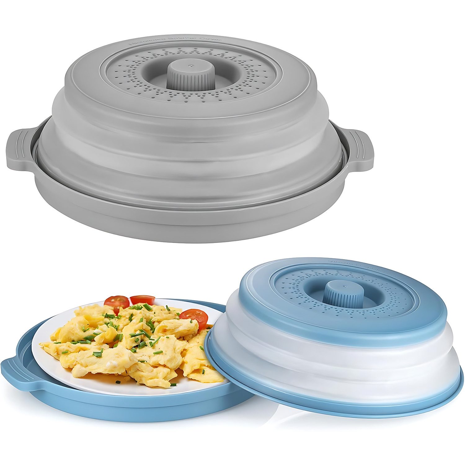 Refined Living Mikrowellenbehälter 2 Stk Faltbare Mikrowellen Abdeckung Mikrowellendeckel Frischhaltedose, (Mikrowellenhaube mit Dampflöchern Mikrowellengeschirr, Microwave Cover, 2-tlg., 2 In 1 Microwellenabdeckungen Küche Aufbewahrung & Organisation), M