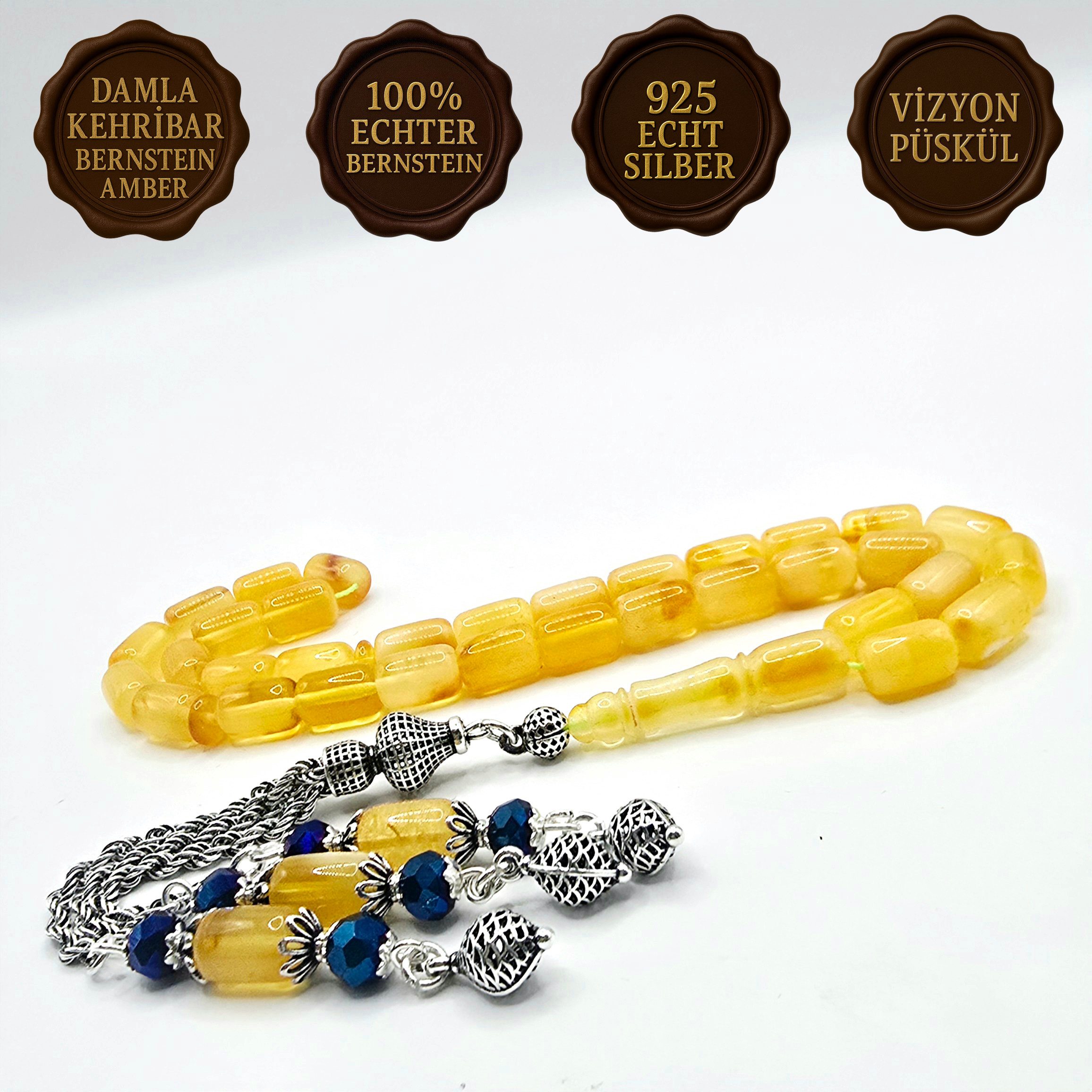 M-Punkt24 Kettenanhänger Tesbih Tespih Damla Kehribar 19 Gr. Diamond 925 Püskül (19 Gramm inkl. Etui, Misbah, Subha, Amber, Gebetskette), 925 Sterling Silber, Bernstein, Kehribar, Damla
