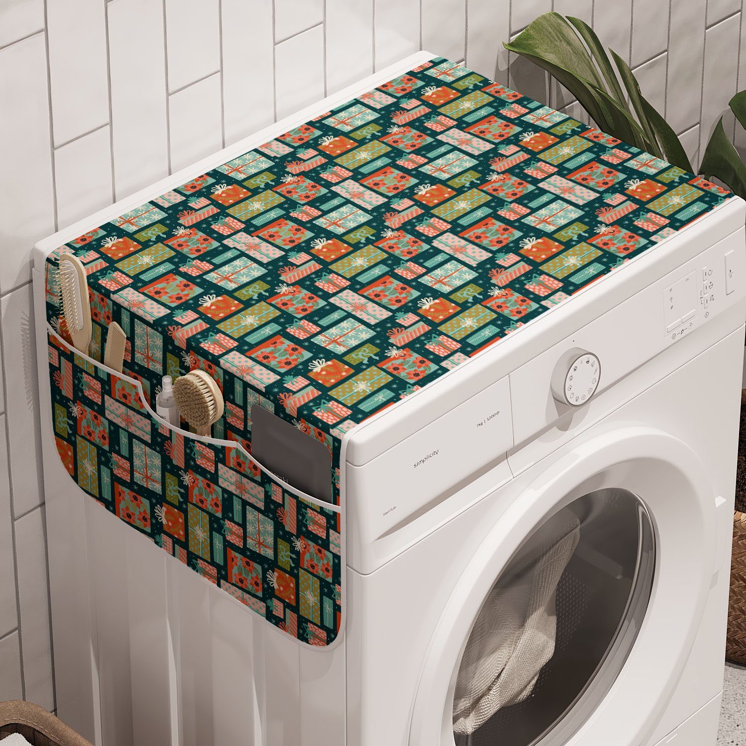 Frohe und Badorganizer Waschmaschine Abakuhaus Trockner, Geschenkboxen Anti-Rutsch-Stoffabdeckung Muster für Weihnachten